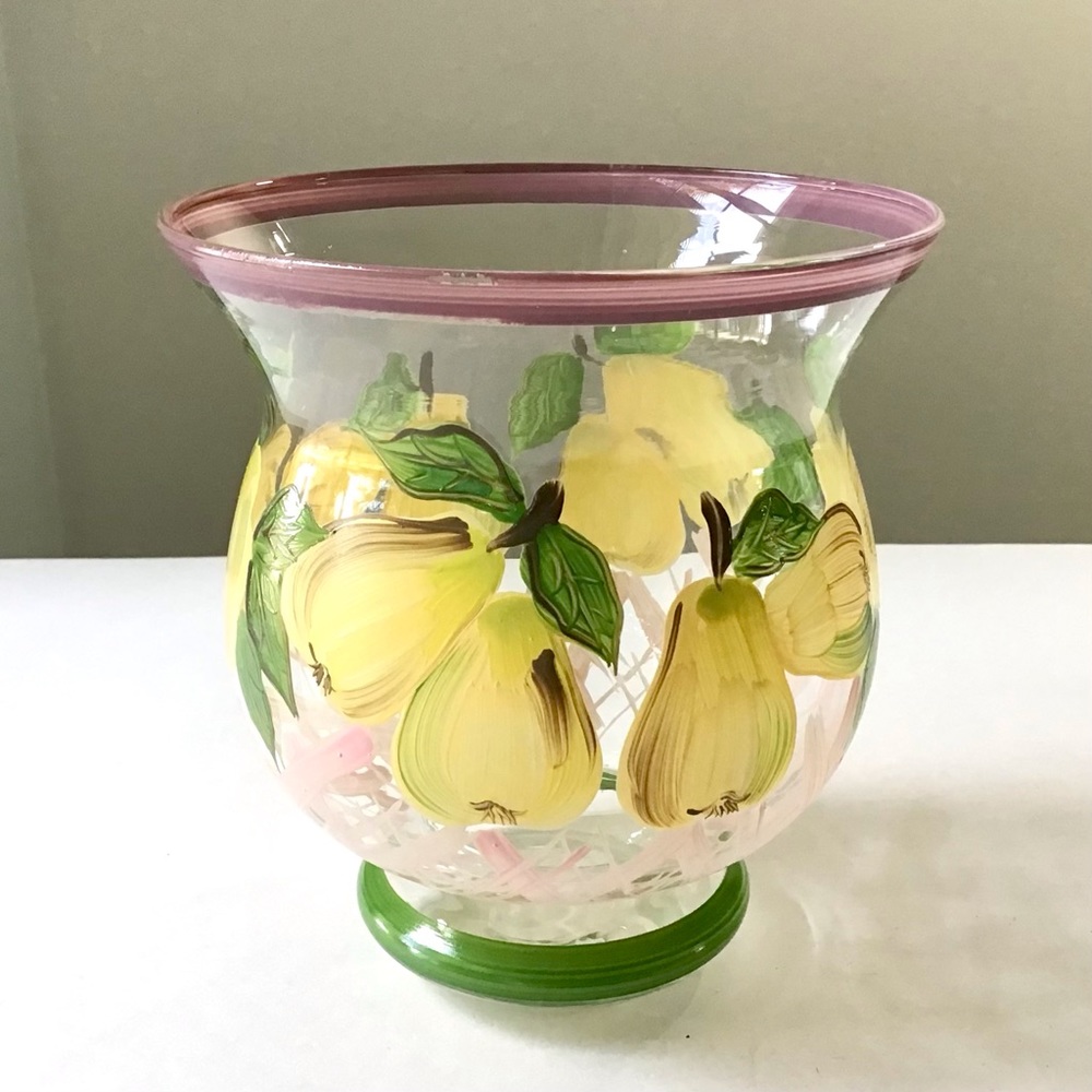 Hand Painted Glass Vase or Candle Holder Pears Fruit Design 5-3/4” High